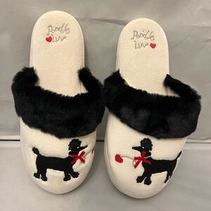 Poodle Love Slippers with Black Faux Fur Trim